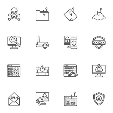 Siber saldırı çizgisi simgeleri ayarlandı, taslak vektör koleksiyonu, doğrusal resim paketi. İşaretler, logo illüstrasyonu. Güvenlik sistemi, bilgisayar virüsü, güvenlik duvarı, çöp posta, dolandırıcılık olarak simgeleri