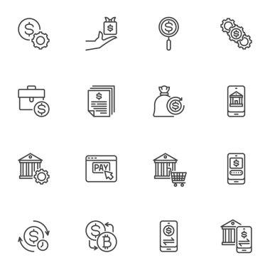 Mobil ve çevrimiçi bankacılık çizgisi simgeleri seti, ana hatlı vektör sembolü koleksiyonu, doğrusal stil piktogram paketi. İşaretler, logo illüstrasyonu. Set simgeleri, ödeme yöntemi, döviz kuru, para transferi içerir