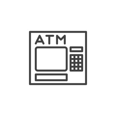 ATM Makine hattı simgesi. Mobil konsept ve web tasarımı için nakit çekilme doğrusal işareti. Otomatik veznedar makine ana hatları vektör simgesi. Sembol, logo çizimi. Vektör grafikleri