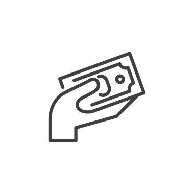 Nakit para çizgisi ikonu. Mobil konsept ve web tasarımı için doğrusal biçim işareti. Para fatura ana hatlı vektör ikonu ile el. Ödeme sembolü, logo illüstrasyonu. Vektör grafikleri