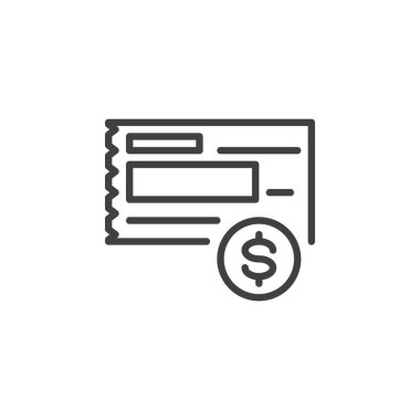 Banka Çek hattı simgesi. Mobil konsept ve web tasarımı için doğrusal biçim işareti. Boş banka çeki ve dolar para ana hatları vektör simgesi. Sembol, logo çizimi. Vektör grafikleri