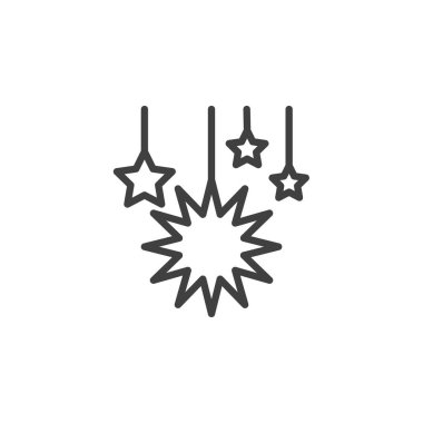 Asılı Yıldızlar Dekorasyon Çizgisi simgesi. Mobil konsept ve web tasarımı için doğrusal biçim işareti. Parti dekorasyon yıldızları vektör simgesini özetliyor. Sembol, logo çizimi. Vektör grafikleri