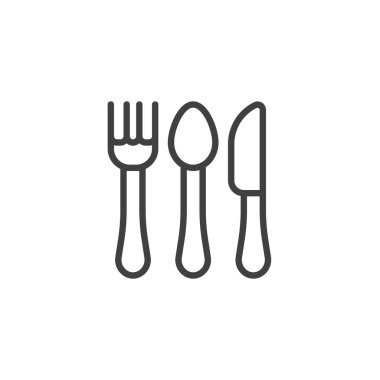 Tek kullanımlık tablo çizelgesi simgesi. Mobil konsept ve web tasarımı için doğrusal biçim işareti. Çatal kaşık ve bıçak çizgisi vektör simgesi. Sembol, logo çizimi. Vektör grafikleri