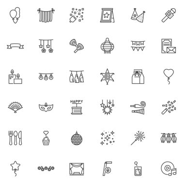 Parti dekorasyon çizgisi simgeleri ayarlandı. Doğrusal biçim sembolleri koleksiyonu, ana tabela işaretleri paketi. Kutlama dekorasyon vektör grafikleri. Konfeti patlatıcı, parti ışıkları, balonlar, çelenkler, bayrak olarak simgeler