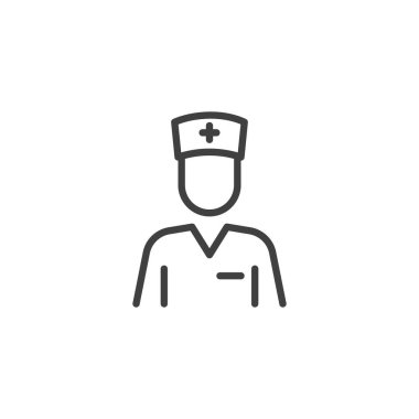 Hemşire avatar çizgisi ikonu. Mobil konsept ve web tasarımı için tıp işçisi doğrusal işareti. Doktor insan ana hatları vektör simgesi. Sembol, logo çizimi. Vektör grafikleri