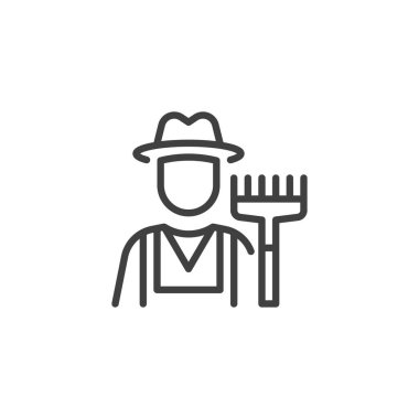 Çiftçi avatar çizgisi simgesi. Mobil konsept ve web tasarımı için bahçıvan kişi doğrusal işaret dili. Tırmık hatlı vektör ikonu olan çiftçi. Sembol, logo çizimi. Vektör grafikleri