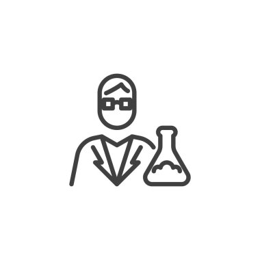 Biyolog avatar çizgisi simgesi. Mobil konsept ve web tasarımı için laboratuvar çalışanı doğrusal işareti. Bilim adamları avatar ana hatları vektör ikonu. Sembol, logo çizimi. Vektör grafikleri