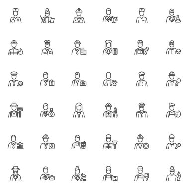 İş ve Meslek çizgisi simgeleri ayarlandı. Doğrusal biçim sembolleri koleksiyonu, ana tabela işaretleri paketi. İnsanlar Avatar vektör grafiklerini meslek ediniyorlar. Set, mühendis, öğretmen, doktor, polis olarak simgeleri içerir