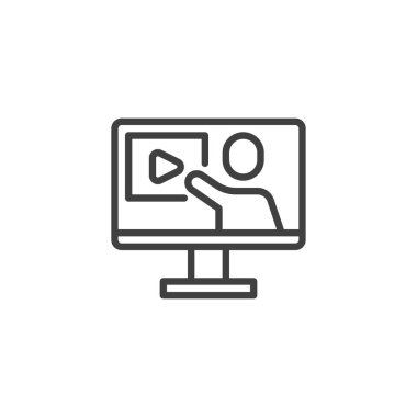 Çevrimiçi kurs sunum satırı simgesi. Mobil konsept ve web tasarımı için doğrusal biçim işareti. Video konferans eğitimi ana hatları vektör simgesi. Uzaktan eğitim sembolü, logo çizimi. Vektör grafikleri