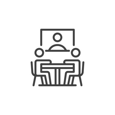 Video konferans hattı simgesi. Mobil konsept ve web tasarımı için doğrusal buluşma işareti. Çevrimiçi konferans ana hatları vektör simgesi. Sembol, logo çizimi. Vektör grafikleri