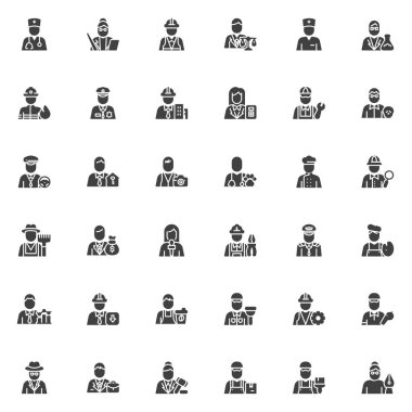 İnsanlar avatar vektör simgeleri seti, modern katı sembol koleksiyonu, doldurulmuş biçim piktogram paketi yapıyor. İşaretler, logo illüstrasyonu. Set, mühendis, öğretmen, doktor, polis olarak simgeleri içerir