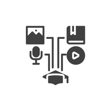 Çevrimiçi eğitim vektör simgesi. Mobil konsept ve web tasarımı için düz tabela. E-öğrenme kursları kabartma simgesi. Multimedya öğrenme sembolü, logo illüstrasyonu. Vektör grafikleri