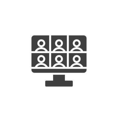 Çevrimiçi ders buluşma vektör simgesi. Mobil konsept ve web tasarımı için düz tabela. Sanal Sınıflar Sembolü simgesi. Giysi sembolü, logo illüstrasyonu. Vektör grafikleri