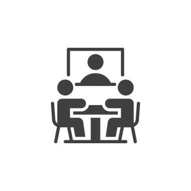 Çevrimiçi konferans vektör simgesi. Webinar buluşması mobil konsept ve web tasarımı için düz tabela doldurdu. Video konferans kabartma simgesi. Sembol, logo çizimi. Vektör grafikleri