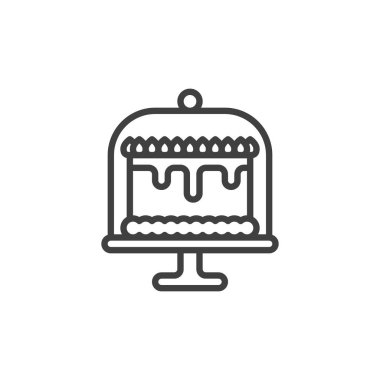 Kapak simgesi olan pasta standı. Mobil konsept ve web tasarımı için doğrusal biçim işareti. Kek ana hatları vektör simgesi. Pastane sembolü, logo illüstrasyonu. Vektör grafikleri