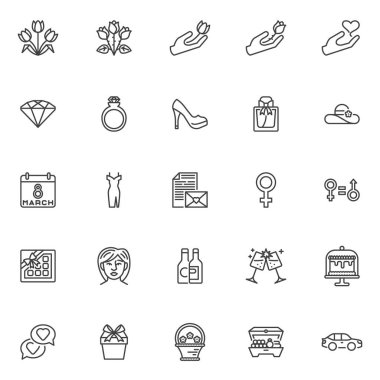 Kadınların gündüz çizgisi simgeleri ayarlandı. Doğrusal biçim sembolleri koleksiyonu, ana tabela işaretleri paketi. Uluslararası Kadınlar Günü vektör grafikleri. Set 8 Mart takvimi, çiçekler, hediye kutusu ve sürpriz hediye olarak simgeleri içerir
