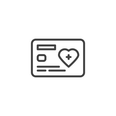 Sağlık sigortası çizgisi simgesi. Mobil konsept ve web tasarımı için doğrusal biçim işareti. Hasta sağlık kartı ana hatları vektör ikonu. Sembol, logo çizimi. Vektör grafikleri