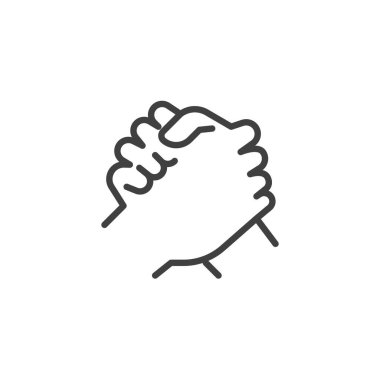 Birbirini güçlü bir şekilde destekleyen iki el. Mobil konsept ve web tasarımı için doğrusal biçim işareti. Birlik ya da Dayanışma ana hatları vektör simgesi. Sembol, logo çizimi. Vektör grafikleri