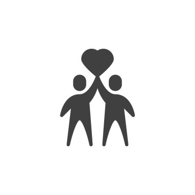 Kalp vektör ikonu olan iki kişi. Mobil konsept ve web tasarımı için düz tabela. Kooperatif ilişkiler sembolü. Sembol, logo çizimi. Vektör grafikleri