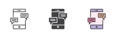 Akıllı telefon ve konuşma baloncukları farklı bir tarz simgesi seti oluşturur. Çizgi, kabartma ve doldurulmuş renkli versiyon, ana hatlar ve doldurulmuş vektör işareti. Mobil sohbet sembolü, logo çizimi. Vektör grafikleri