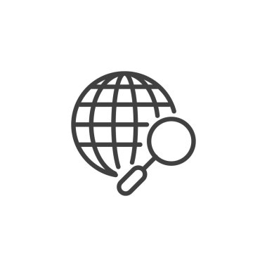 Arama motoru çizgisi simgesi. Mobil konsept ve web tasarımı için doğrusal biçim işareti. Büyüteç ve küresel ana hat vektör simgesi. Seo sembolü, logo illüstrasyonu. Vektör grafikleri