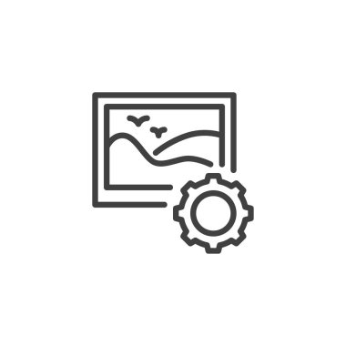 Image SEO çizgi simgesi. Mobil konsept ve web tasarımı için doğrusal biçim işareti. Vites ve resim çizgisi vektör simgesi. Sembol, logo çizimi. Vektör grafikleri