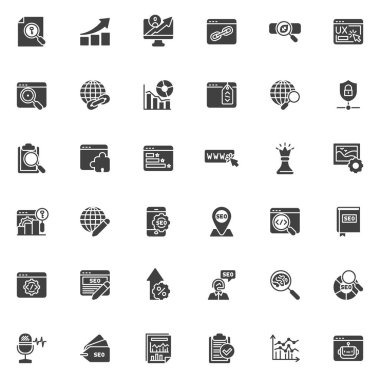 SEO ve Web vektör simgeleri seti, modern katı sembol koleksiyonu, doldurulmuş biçim piktogram paketi. Logo illüstrasyonu işaretleri. Set, Web analizi, Strateji ve Planlama web sitesi, anahtar sözcük araştırması olarak simgeleri içerir
