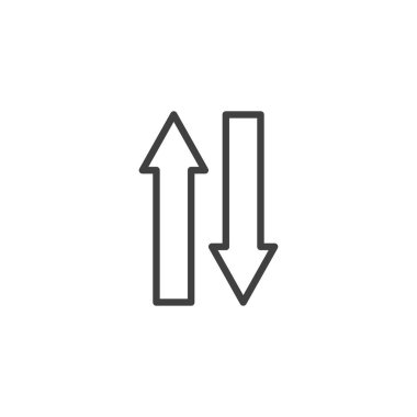 Veri aktarım hattı simgesi. Mobil konsept ve web tasarımı için doğrusal biçim işareti. Taslak vektör simgesini yukarı ve aşağı gösteren iki ok. Sembol, logo çizimi. Vektör grafikleri