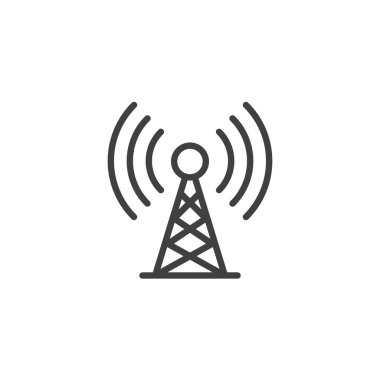 Kablosuz ağ kulesi çizgi simgesi. Mobil konsept ve web tasarımı için doğrusal biçim işareti. Verici Anten Sinyali ana hat vektör simgesi. Sembol, logo çizimi. Vektör grafikleri