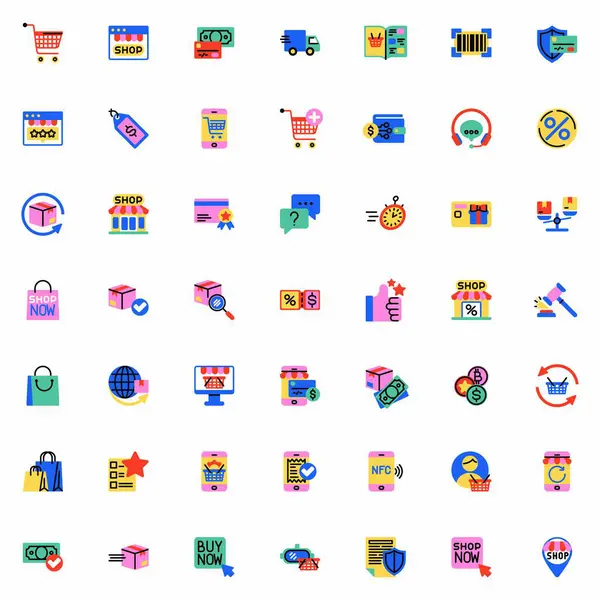 Shopping Commerce Éléments Collection Ensemble Icônes Plates Pack Symboles Colorés — Image vectorielle