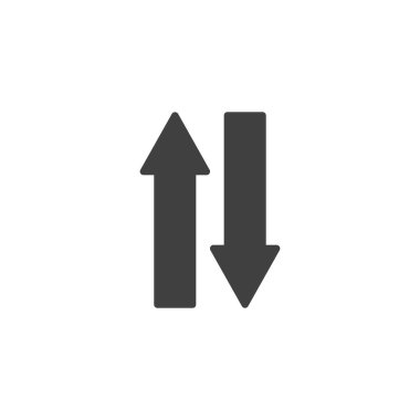 İki ok vektör simgesini yukarı ve aşağı gösteriyor. Mobil konsept ve web tasarımı için düz tabela. Veri aktarım simgesi. Sembol, logo çizimi. Vektör grafikleri