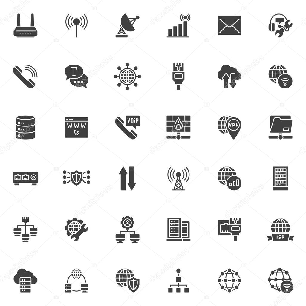 Network and Communications vector icons set, modern solid symbol collection, filled style pictogram pack. Signs logo illustration. Set includes icons as Wifi Router, Wireless signal connection, server