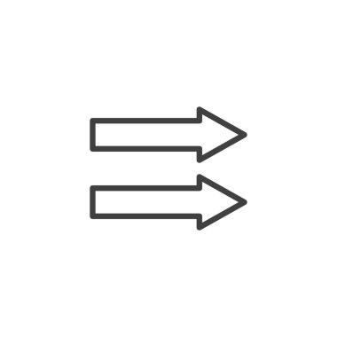 Paralel Oklar çizgi simgesi. Mobil konsept ve web tasarımı için doğrusal biçim işareti. İki ok vektör simgesini işaret ediyor. Sembol, logo çizimi. Vektör grafikleri