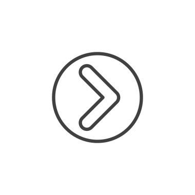 Ok çizgisi simgesi olan daire düğmesi. Mobil konsept ve web tasarımı için doğrusal biçim işareti. Sonraki Düğme ana hatlı vektör simgesi. Sembol, logo çizimi. Vektör grafikleri