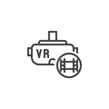 VR Sinematografi çizgi simgesi. Mobil konsept ve web tasarımı için doğrusal biçim işareti. VR kulaklık ve film ana hatları vektör simgesi. Sembol, logo çizimi. Vektör grafikleri