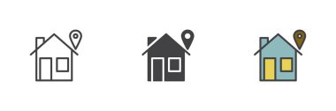 Ev adresi farklı biçim simgesi seti. Çizgi, kabartma ve doldurulmuş rengarenk versiyon, ev ve pim çizgisi ve doldurulmuş vektör işareti. Sembol, logo çizimi. Vektör grafikleri