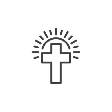 Paskalya Gündoğumu çizgi simgesi. Mobil konsept ve web tasarımı için doğrusal biçim işareti. Paskalya haçı ve güneş çizgisi vektör simgesi. Sembol, logo çizimi. Vektör grafikleri