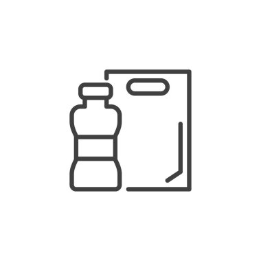 Plastik atık hattı simgesi. Mobil konsept ve web tasarımı için doğrusal biçim işareti. Plastik şişe ve çanta taslak vektör simgesi. Sembol, logo çizimi. Vektör grafikleri