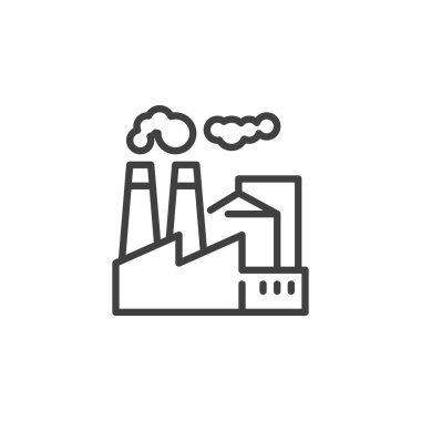 Sigara Fabrikası 'nın ikonu. Mobil konsept ve web tasarımı için doğrusal biçim işareti. Sanayi binası duman taslak vektör simgesi yayıyor. Fabrika kirliliği sembolü, logo çizimi. Vektör grafikleri