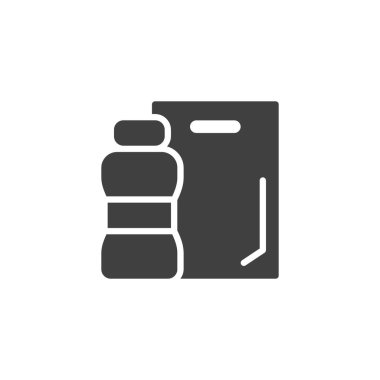 Plastik şişe ve torba vektör ikonu. Mobil konsept ve web tasarımı için düz tabela. Plastik atık sembol. Sembol, logo çizimi. Vektör grafikleri