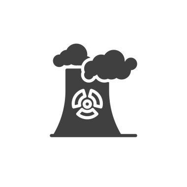 Nükleer santral bacası ve duman vektör simgesi. Mobil konsept ve web tasarımı için düz tabela. Nükleer santral kirliliği simgesi. Sembol, logo çizimi. Vektör grafikleri