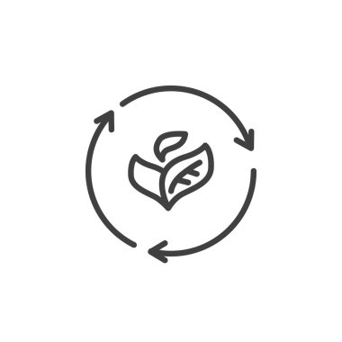 Dairesel Ekonomi çizgisi simgesi. Mobil konsept ve web tasarımı için doğrusal biçim işareti. Geri dönüşüm okları ve yaprak çizgisi vektör simgesi. Sembol, logo çizimi. Vektör grafikleri