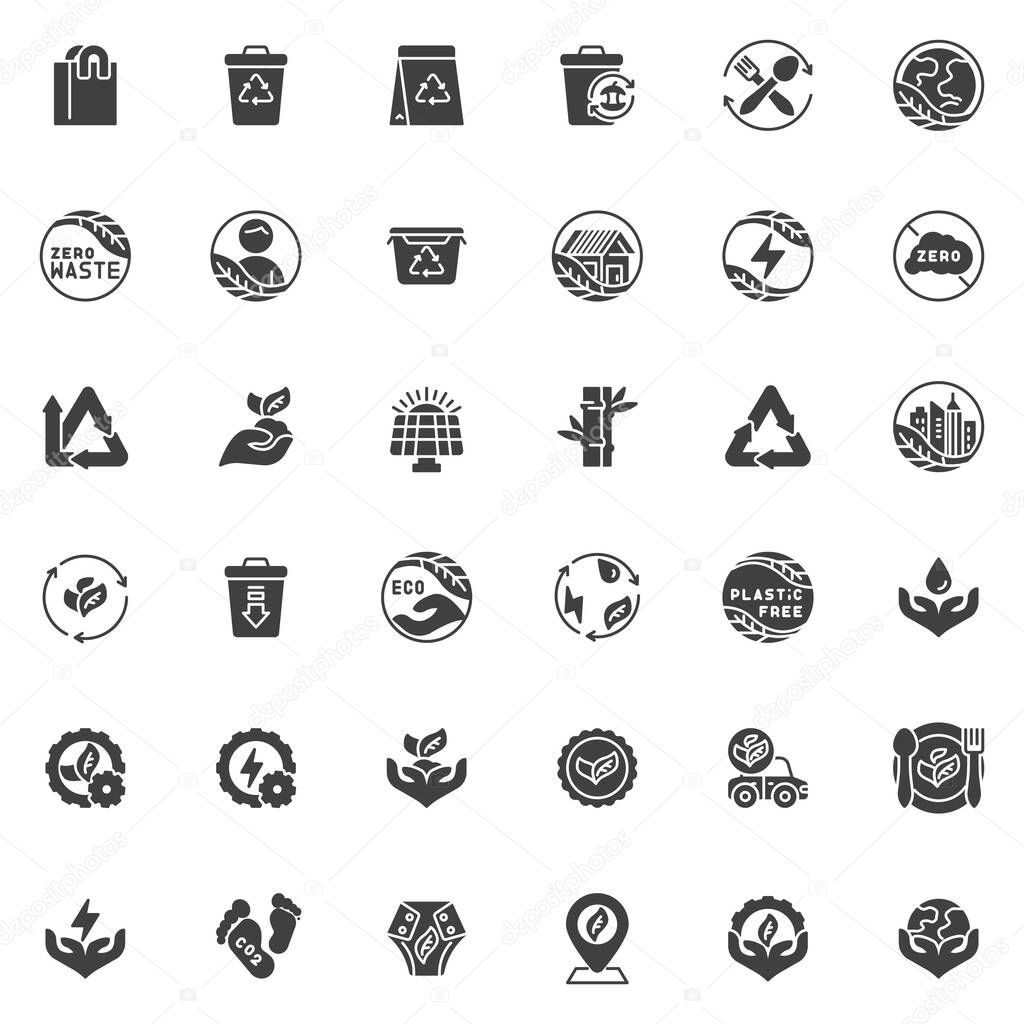 Zero waste vector icons set, modern solid symbol collection, filled style pictogram pack. Signs, logo illustration. Set includes icons as refuse, reuse, reduce, recycle, green energy, eco friendly