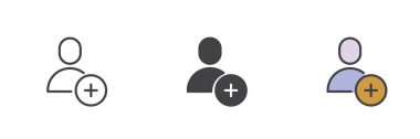 Kullanıcı bağlantısı farklı biçim simgesi seti ekle. Çizgi, kabartma ve doldurulmuş renkli versiyon, ana hatlar ve doldurulmuş vektör işareti. Artı Sembol ile Avatar, logo illüstrasyonu. Vektör grafikleri