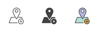 Adres konumu farklı biçim simgesi seti ekle. Çizgi, kabartma ve doldurulmuş renkli versiyon, ana hatlar ve doldurulmuş vektör işareti. Harita iğnesi artı sembol, logo illüstrasyonu. Vektör grafikleri