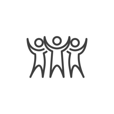 Eller kaldırılmış çizgi ikonu olanlar. Mobil konsept ve web tasarımı için doğrusal biçim işareti. Başarı kutlaması ekibi vektör ikonunu özetliyor. Sembol, logo çizimi. Vektör grafikleri