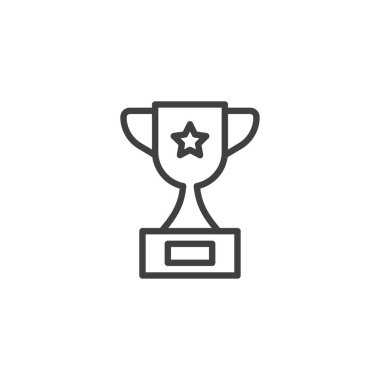 Zafer Kupası çizgisi simgesi. Mobil konsept ve web tasarımı için doğrusal biçim işareti. Yıldız ana hatlı vektör ikonlu kupa. Sembol, logo çizimi. Vektör grafikleri