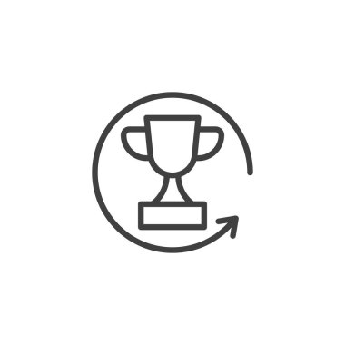 Ok çizgisi ikonlu ödül kupası. Mobil konsept ve web tasarımı için doğrusal biçim işareti. Başarılı proje ana hatları vektör simgesi. Sembol, logo çizimi. Vektör grafikleri