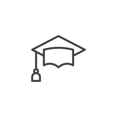 Mezuniyet yüzbaşı çizgisi simgesi. Mobil konsept ve web tasarımı için doğrusal biçim işareti. Mortarboard kapağı ana hat vektör simgesi. Akademik başarı sembolü, logo çizimi. Vektör grafikleri