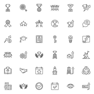 Başarı ve başarı çizgisi simgeleri ayarlandı. Doğrusal biçim sembolleri koleksiyonu, ana tabela işaretleri paketi. Başarılı iş vektör grafikleri. Küme, finansal büyüme, ilerleme, kariyer ve motivasyon olarak simgeleri içerir